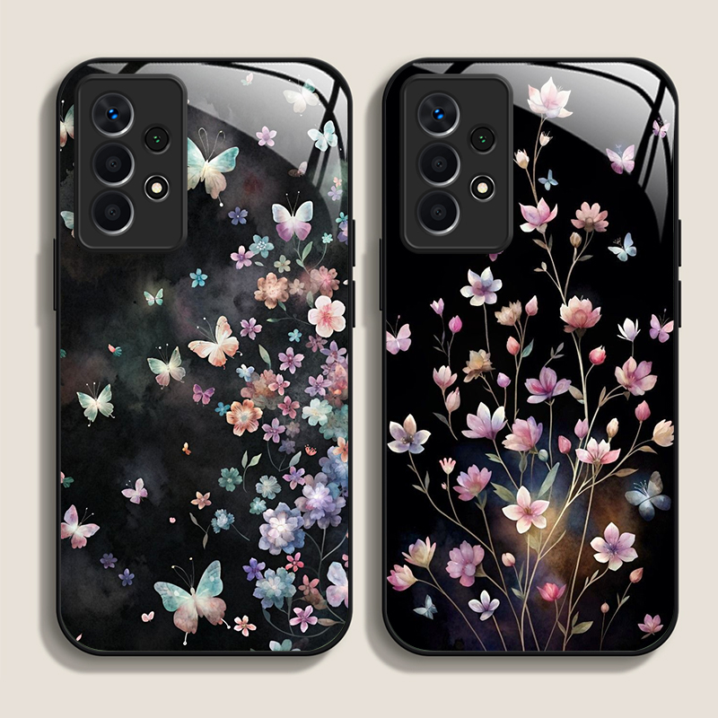 Samsung Galaxy A55 - Casing Ponsel Kaca Temper Motif Bunga